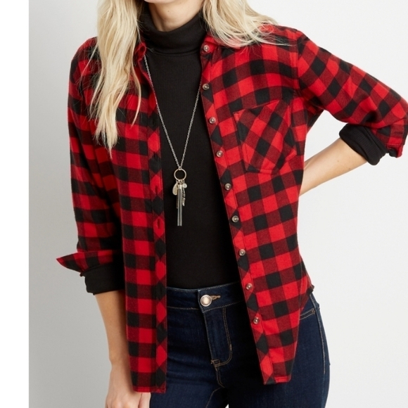 Maurices Red and Black Check Soft Flannel Button Down Shirt - Picture 1 of 12